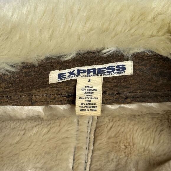 Express vintage Y2K brown leather faux fur lined zip up jacket size 8 - Picture 8 of 13